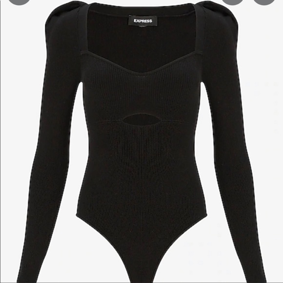 NWT! EXPRESS Ribbed Puff Shoulder Cutout Sweater Thong Bodysuit - Picture 2 of 10